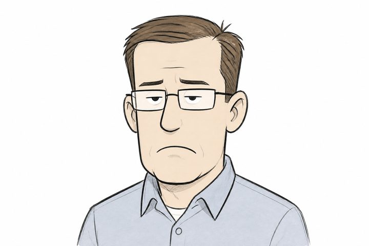 Greg in Finance — illustrated bust with a mild, disappointed expression